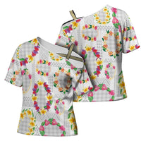 Hawaiian Kakau Tattoo Leis and Palaka Pattern Cross Shoulder Shirt Traditional Aloha Tribal White Color