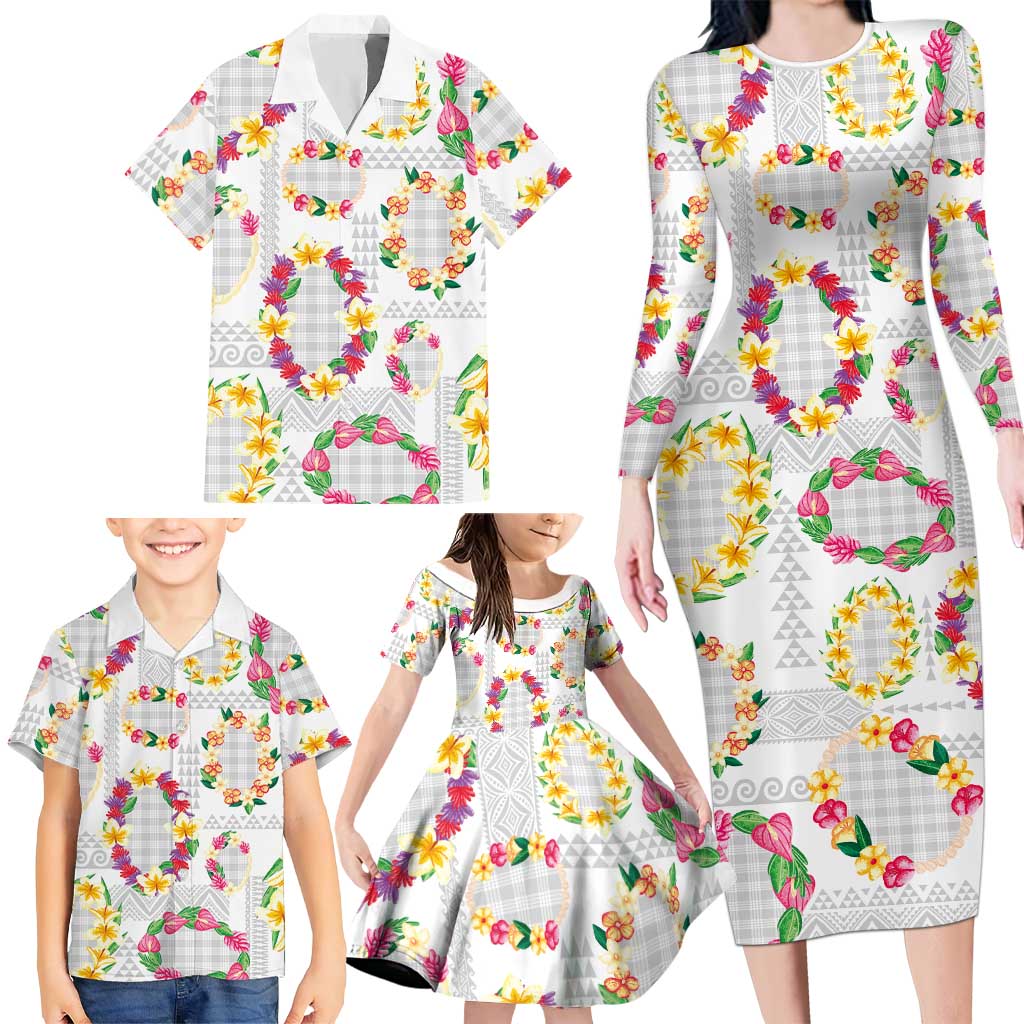 Hawaiian Kakau Tattoo Leis and Palaka Pattern Family Matching Long Sleeve Bodycon Dress and Hawaiian Shirt Traditional Aloha Tribal White Color
