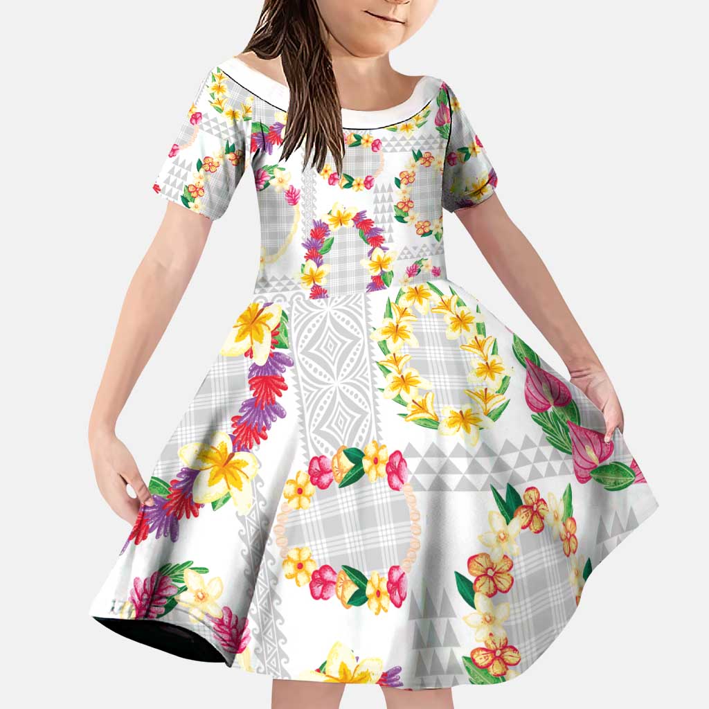 Hawaiian Kakau Tattoo Leis and Palaka Pattern Family Matching Mermaid Dress and Hawaiian Shirt Traditional Aloha Tribal White Color LT03 Daughter's Dress White - Polynesian Pride