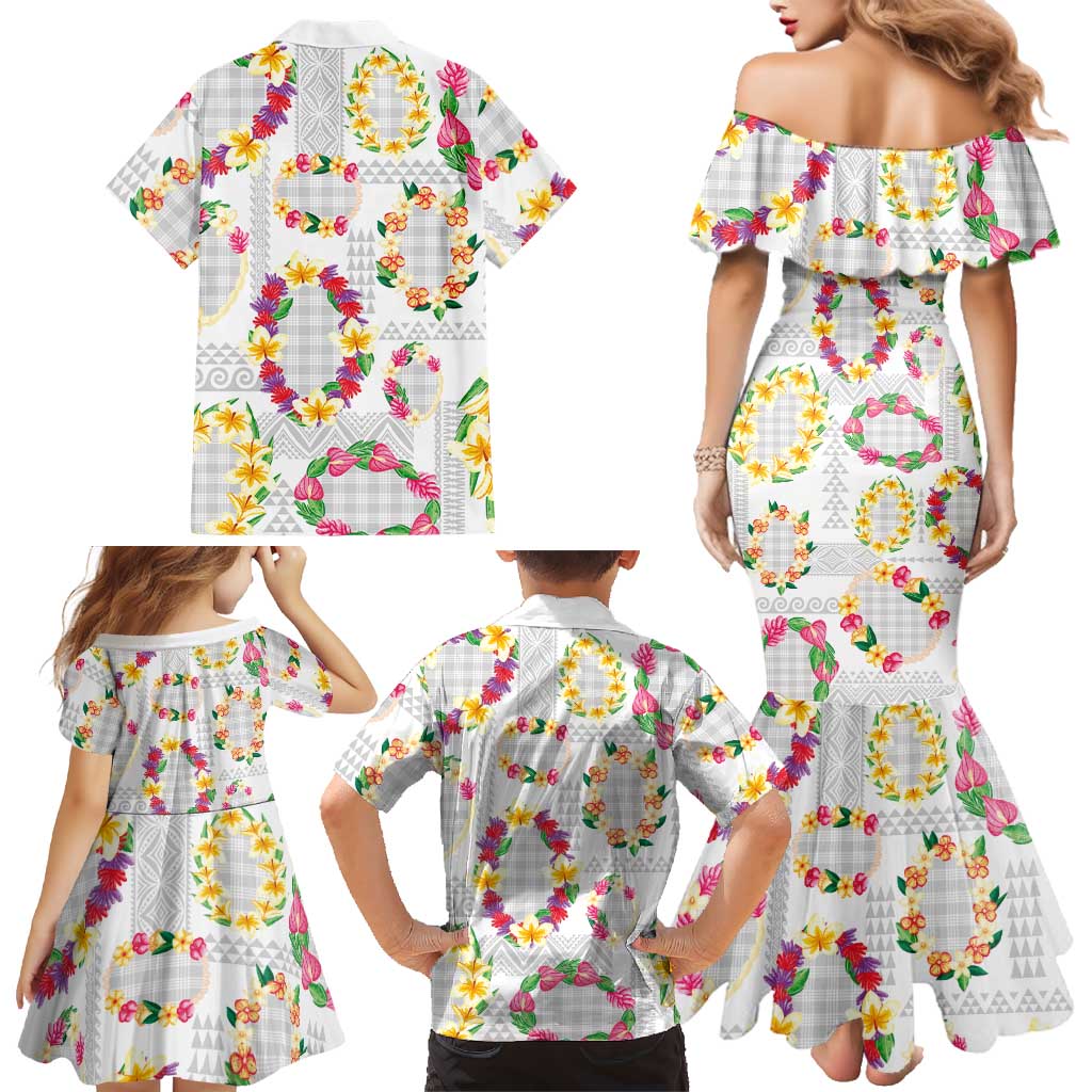 Hawaiian Kakau Tattoo Leis and Palaka Pattern Family Matching Mermaid Dress and Hawaiian Shirt Traditional Aloha Tribal White Color LT03 - Polynesian Pride