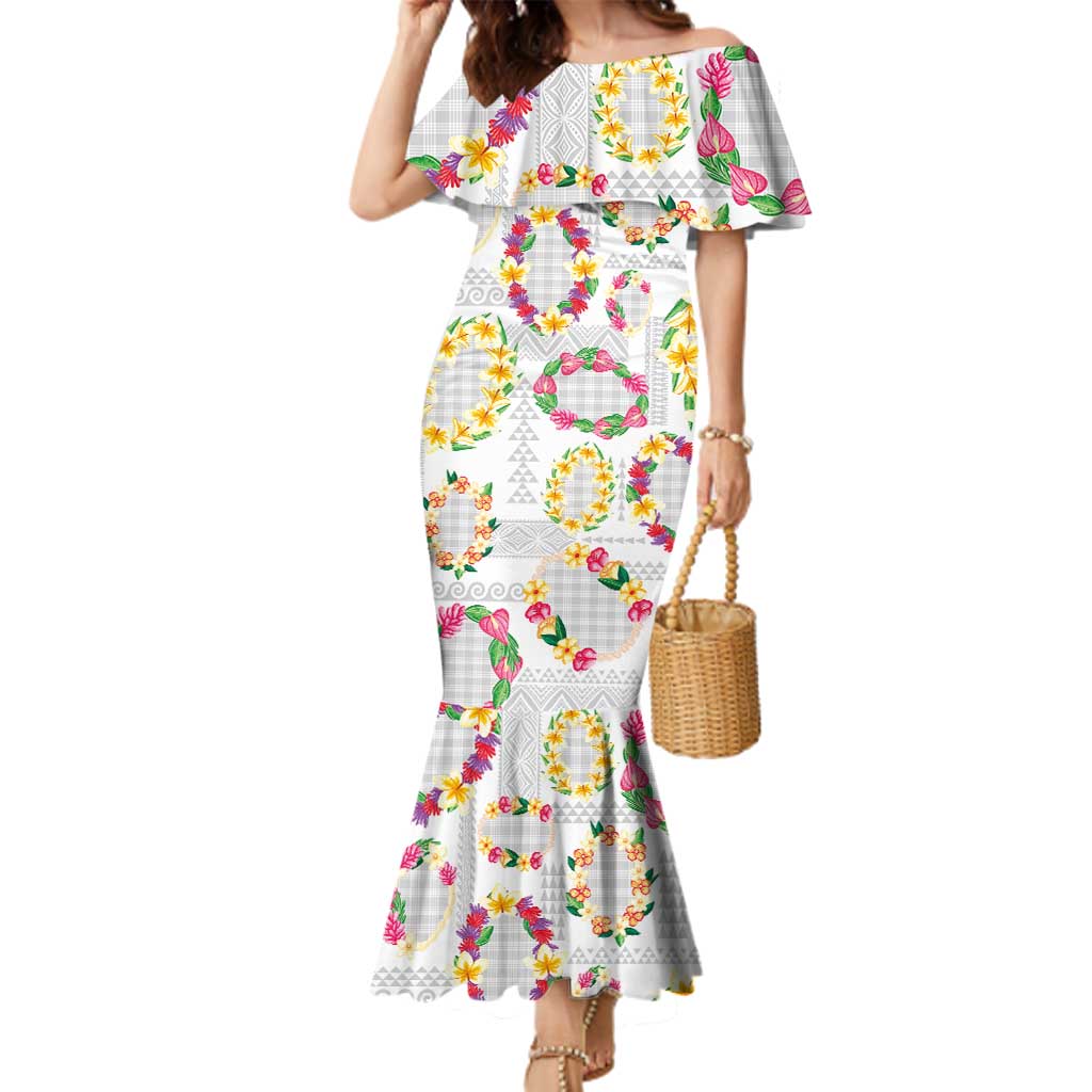 Hawaiian Kakau Tattoo Leis and Palaka Pattern Family Matching Mermaid Dress and Hawaiian Shirt Traditional Aloha Tribal White Color LT03 Mom's Dress White - Polynesian Pride