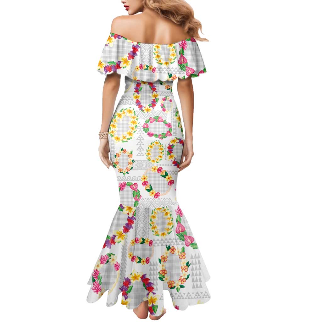 Hawaiian Kakau Tattoo Leis and Palaka Pattern Family Matching Mermaid Dress and Hawaiian Shirt Traditional Aloha Tribal White Color LT03 - Polynesian Pride