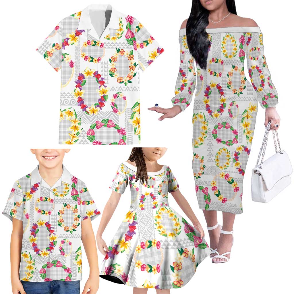 Hawaiian Kakau Tattoo Leis and Palaka Pattern Family Matching Off The Shoulder Long Sleeve Dress and Hawaiian Shirt Traditional Aloha Tribal White Color LT03 - Polynesian Pride