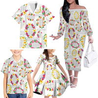 Hawaiian Kakau Tattoo Leis and Palaka Pattern Family Matching Off The Shoulder Long Sleeve Dress and Hawaiian Shirt Traditional Aloha Tribal White Color LT03 - Polynesian Pride