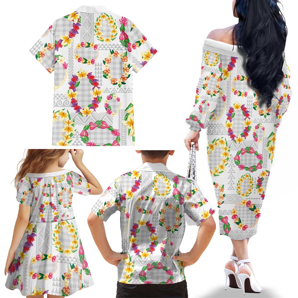 Hawaiian Kakau Tattoo Leis and Palaka Pattern Family Matching Off The Shoulder Long Sleeve Dress and Hawaiian Shirt Traditional Aloha Tribal White Color LT03 - Polynesian Pride