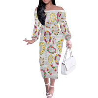 Hawaiian Kakau Tattoo Leis and Palaka Pattern Family Matching Off The Shoulder Long Sleeve Dress and Hawaiian Shirt Traditional Aloha Tribal White Color LT03 Mom's Dress White - Polynesian Pride