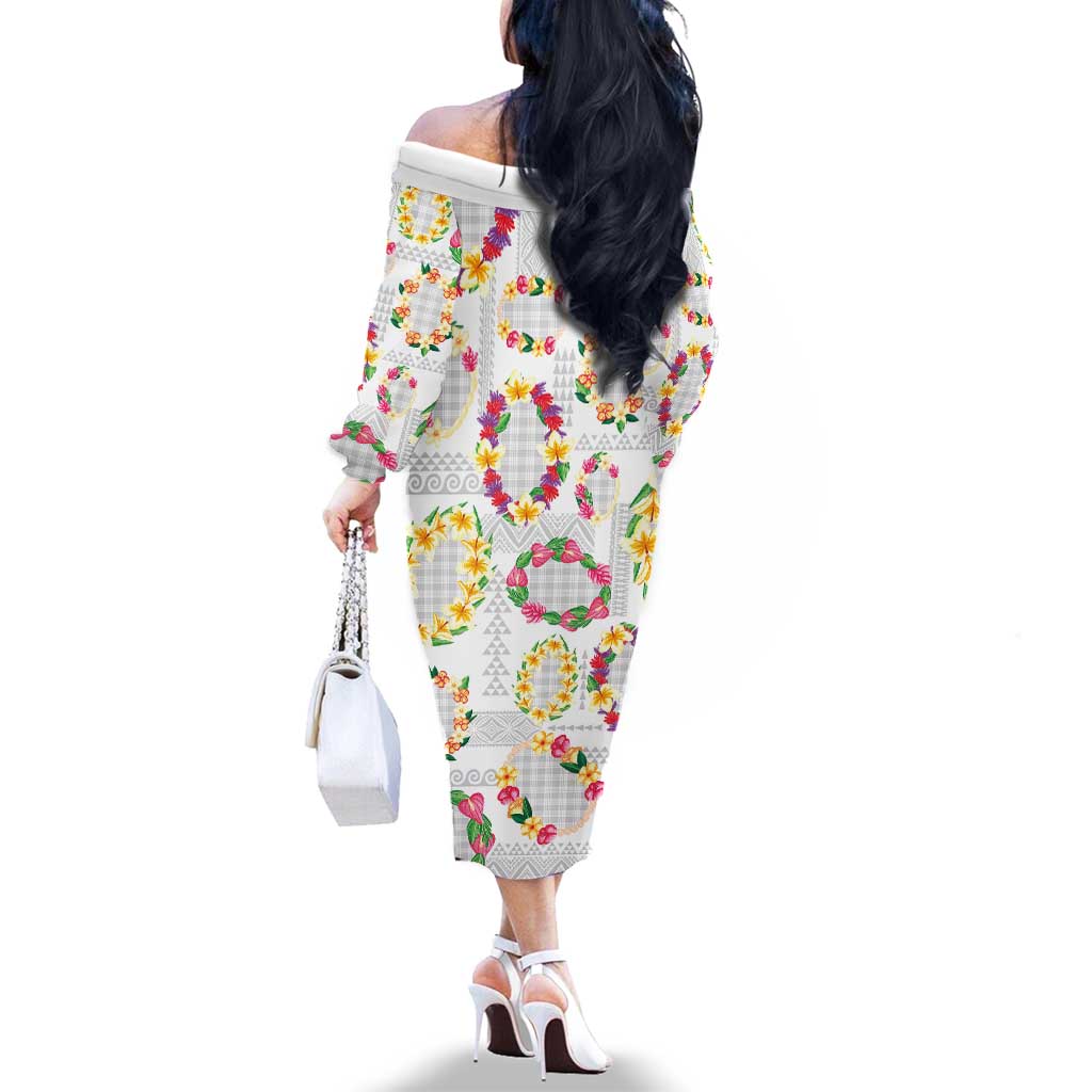 Hawaiian Kakau Tattoo Leis and Palaka Pattern Family Matching Off The Shoulder Long Sleeve Dress and Hawaiian Shirt Traditional Aloha Tribal White Color LT03 - Polynesian Pride