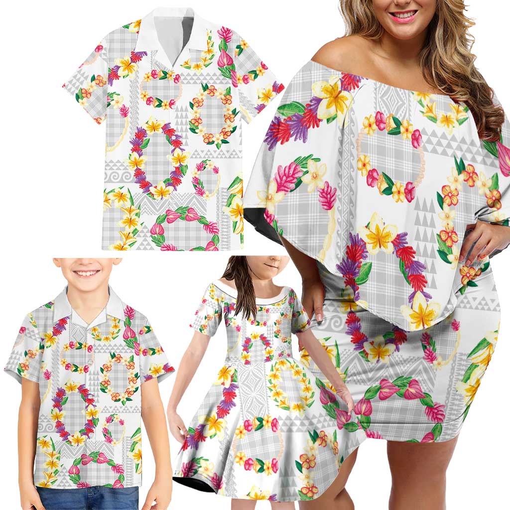 Hawaiian Kakau Tattoo Leis and Palaka Pattern Family Matching Off Shoulder Short Dress and Hawaiian Shirt Traditional Aloha Tribal White Color LT03 - Polynesian Pride