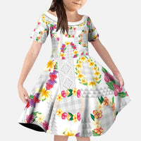 Hawaiian Kakau Tattoo Leis and Palaka Pattern Family Matching Puletasi and Hawaiian Shirt Traditional Aloha Tribal White Color LT03 Daughter's Dress White - Polynesian Pride