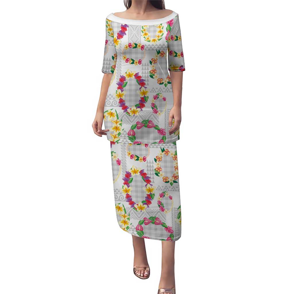 Hawaiian Kakau Tattoo Leis and Palaka Pattern Family Matching Puletasi and Hawaiian Shirt Traditional Aloha Tribal White Color LT03 Mom's Dress White - Polynesian Pride