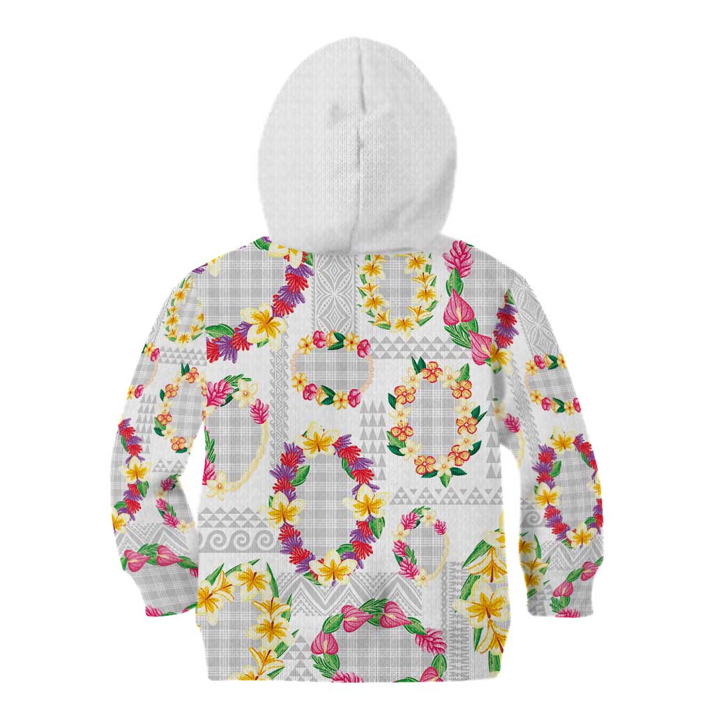 Hawaiian Kakau Tattoo Leis and Palaka Pattern Kid Hoodie Traditional Aloha Tribal White Color