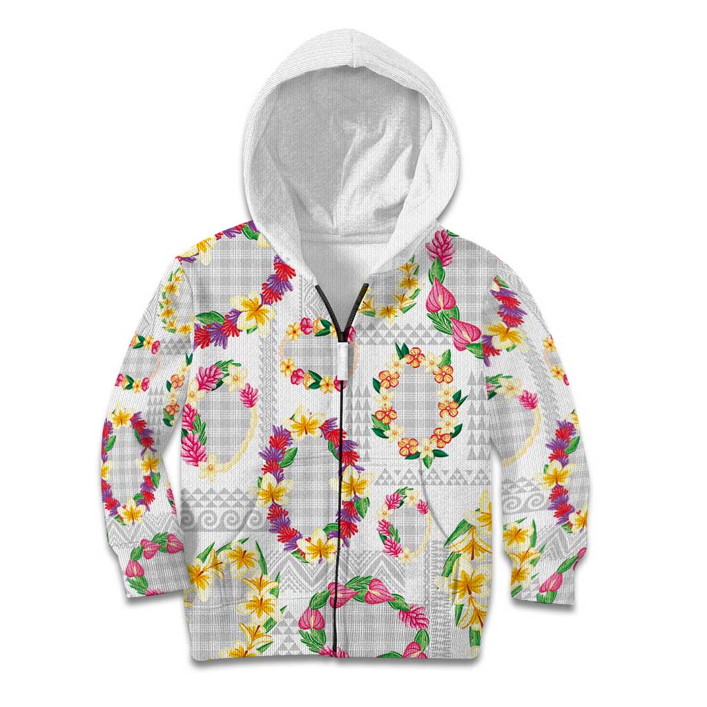 Hawaiian Kakau Tattoo Leis and Palaka Pattern Kid Hoodie Traditional Aloha Tribal White Color