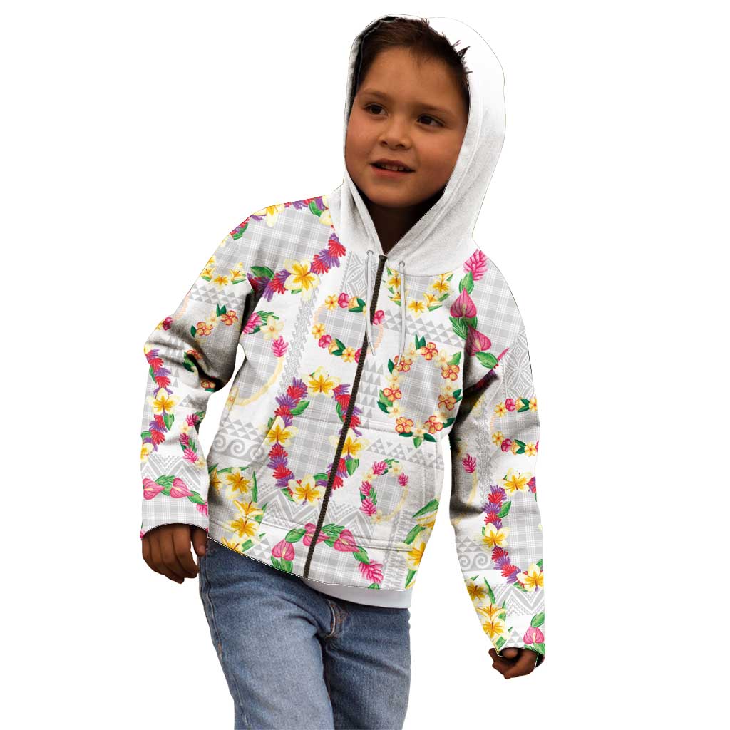 Hawaiian Kakau Tattoo Leis and Palaka Pattern Kid Hoodie Traditional Aloha Tribal White Color