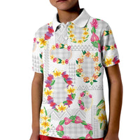 Hawaiian Kakau Tattoo Leis and Palaka Pattern Kid Polo Shirt Traditional Aloha Tribal White Color