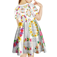 Hawaiian Kakau Tattoo Leis and Palaka Pattern Kid Short Sleeve Dress Traditional Aloha Tribal White Color