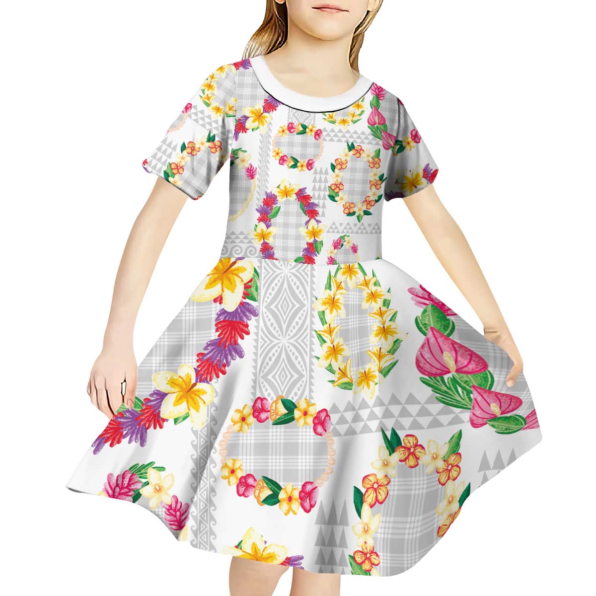 Hawaiian Kakau Tattoo Leis and Palaka Pattern Kid Short Sleeve Dress Traditional Aloha Tribal White Color