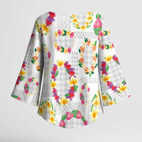 Hawaiian Kakau Tattoo Leis and Palaka Pattern Kimono Sleeve Blouse Traditional Aloha Tribal White Color