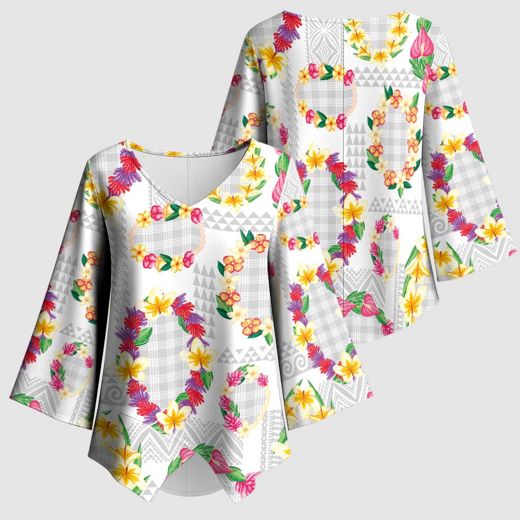 Hawaiian Kakau Tattoo Leis and Palaka Pattern Kimono Sleeve Blouse Traditional Aloha Tribal White Color