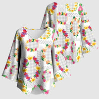 Hawaiian Kakau Tattoo Leis and Palaka Pattern Kimono Sleeve Blouse Traditional Aloha Tribal White Color