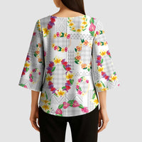 Hawaiian Kakau Tattoo Leis and Palaka Pattern Kimono Sleeve Blouse Traditional Aloha Tribal White Color