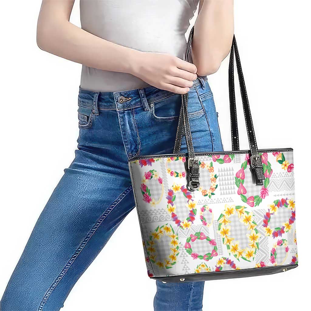 Hawaiian Kakau Tattoo Leis and Palaka Pattern Leather Tote Bag Traditional Aloha Tribal White Color