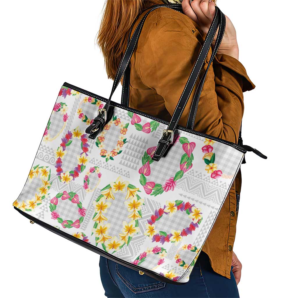Hawaiian Kakau Tattoo Leis and Palaka Pattern Leather Tote Bag Traditional Aloha Tribal White Color