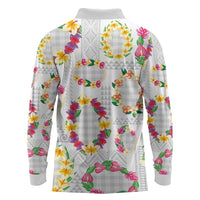 Hawaiian Kakau Tattoo Leis and Palaka Pattern Long Sleeve Polo Shirt Traditional Aloha Tribal White Color