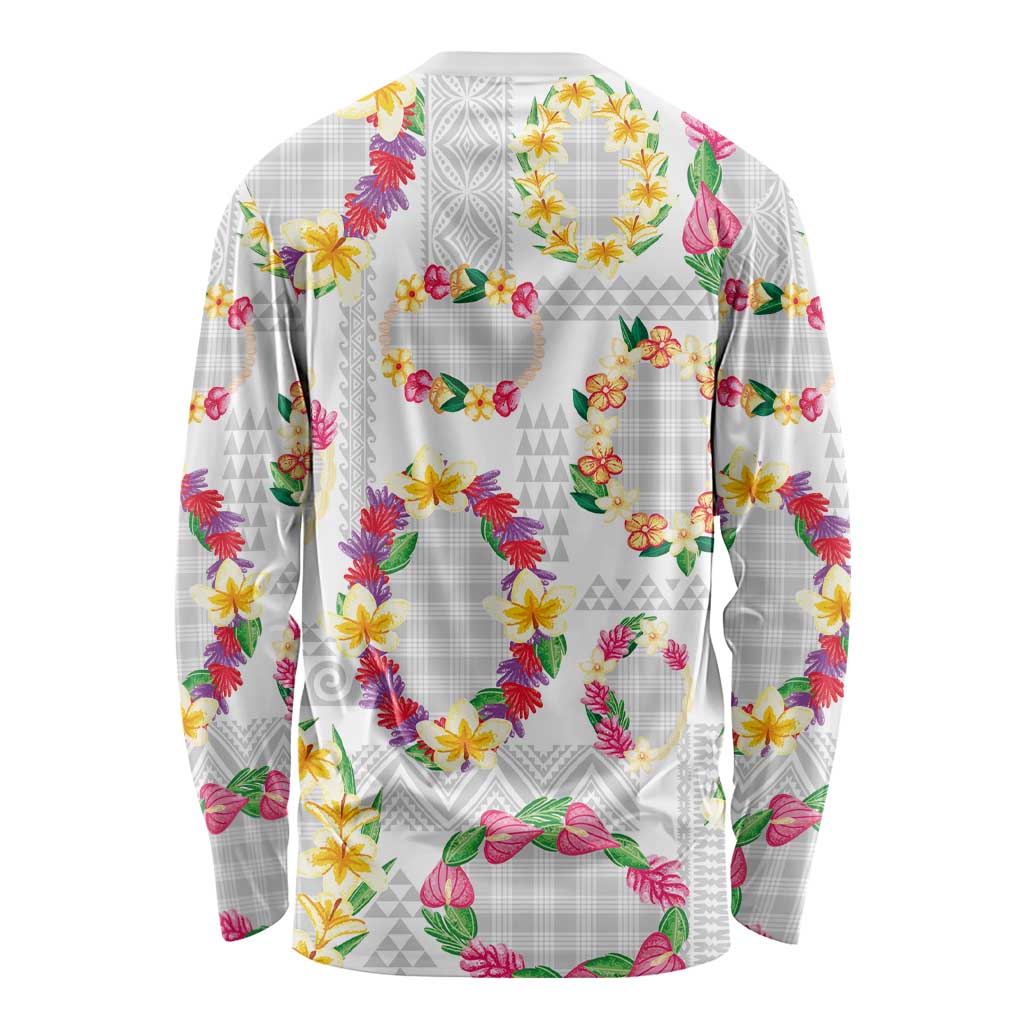 Hawaiian Kakau Tattoo Leis and Palaka Pattern Long Sleeve Shirt Traditional Aloha Tribal White Color