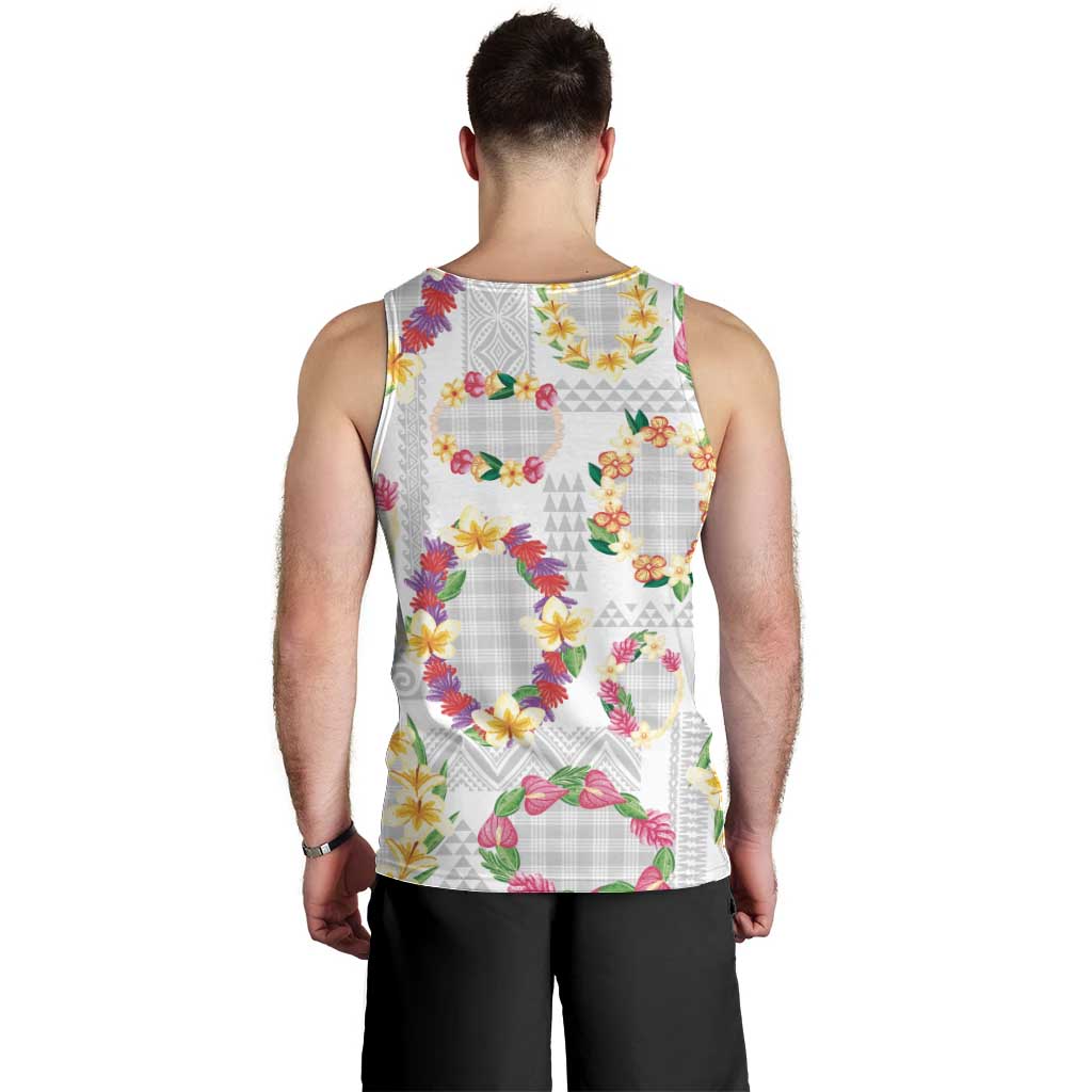 Hawaiian Kakau Tattoo Leis and Palaka Pattern Men Tank Top Traditional Aloha Tribal White Color