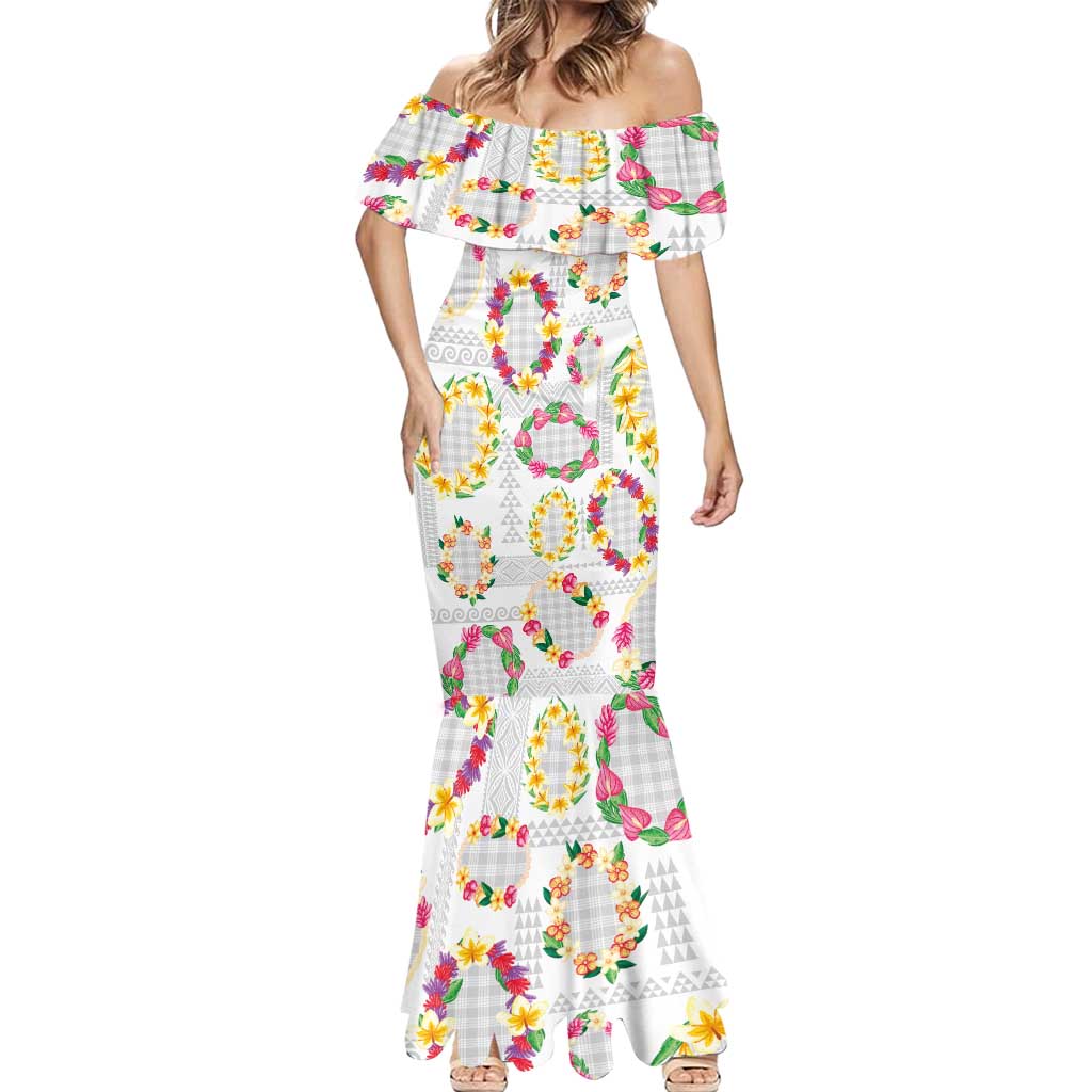 Hawaiian Kakau Tattoo Leis and Palaka Pattern Mermaid Dress Traditional Aloha Tribal White Color