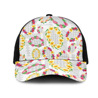 Hawaiian Kakau Tattoo Leis and Palaka Pattern Mesh Trucker Cap Traditional Aloha Tribal White Color