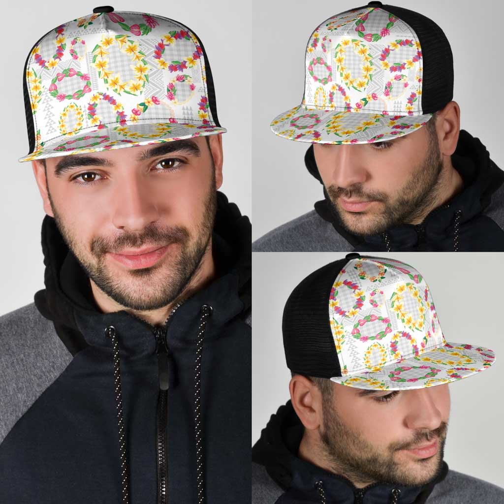 Hawaiian Kakau Tattoo Leis and Palaka Pattern Mesh Trucker Cap Traditional Aloha Tribal White Color
