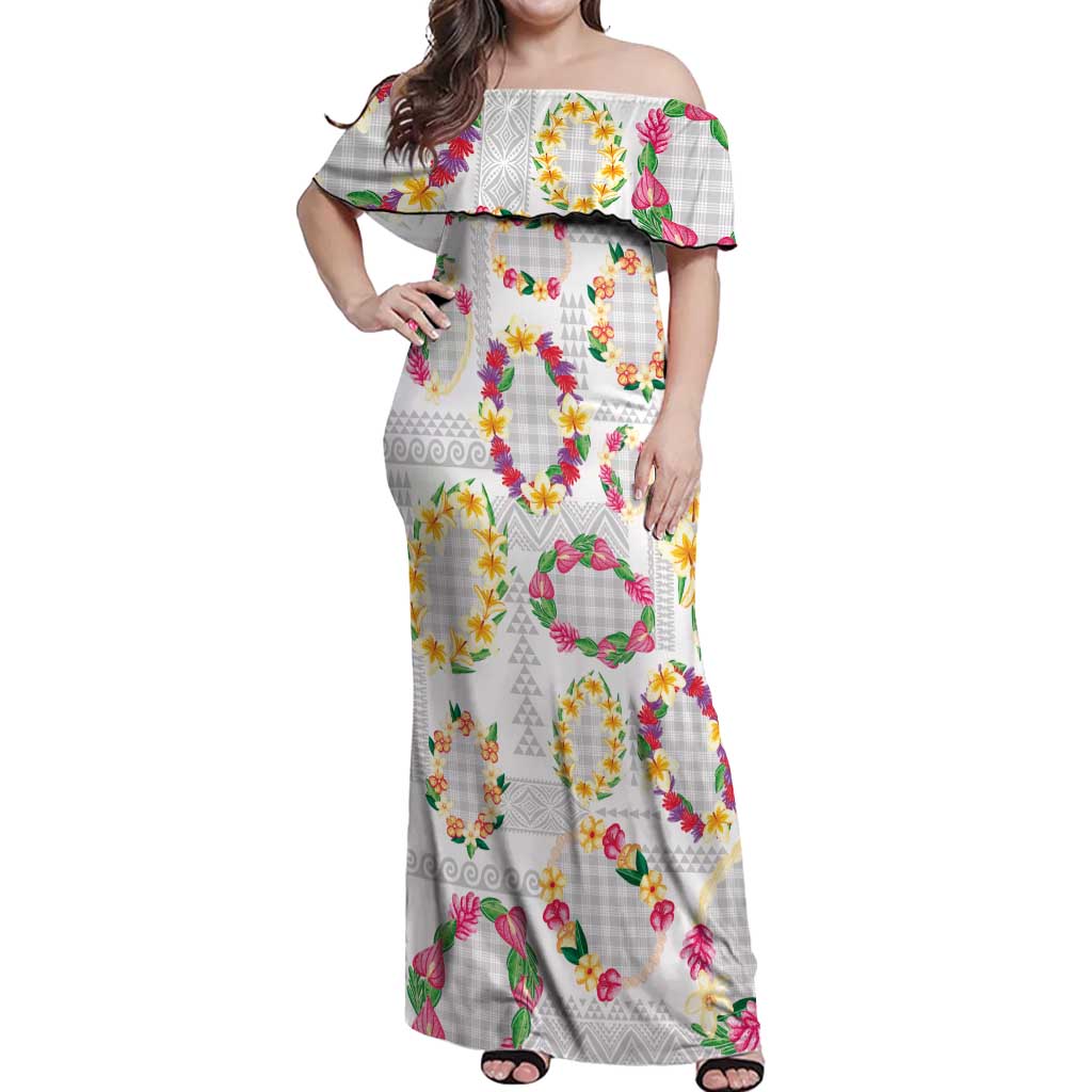 Hawaiian Kakau Tattoo Leis and Palaka Pattern Off Shoulder Maxi Dress Traditional Aloha Tribal White Color