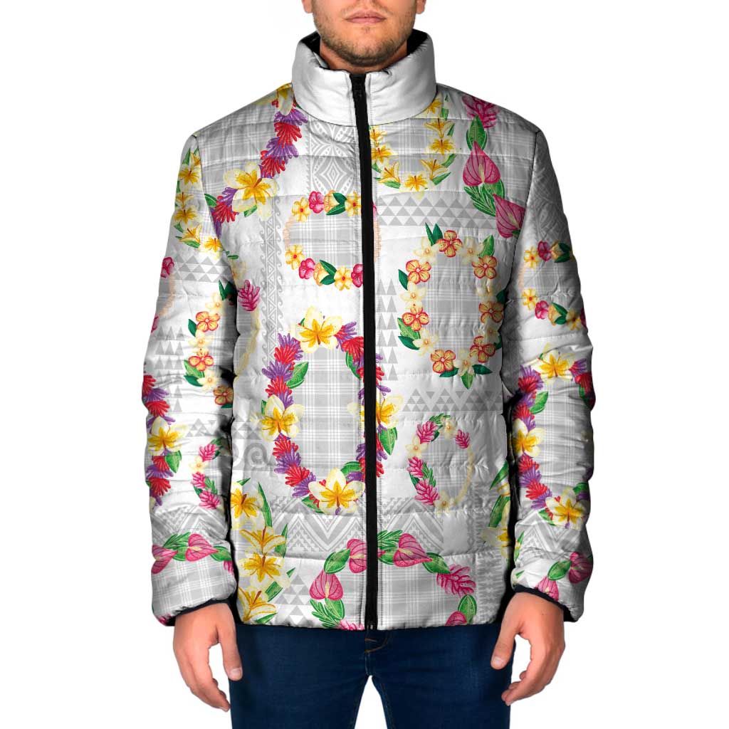 Hawaiian Kakau Tattoo Leis and Palaka Pattern Padded Jacket Traditional Aloha Tribal White Color