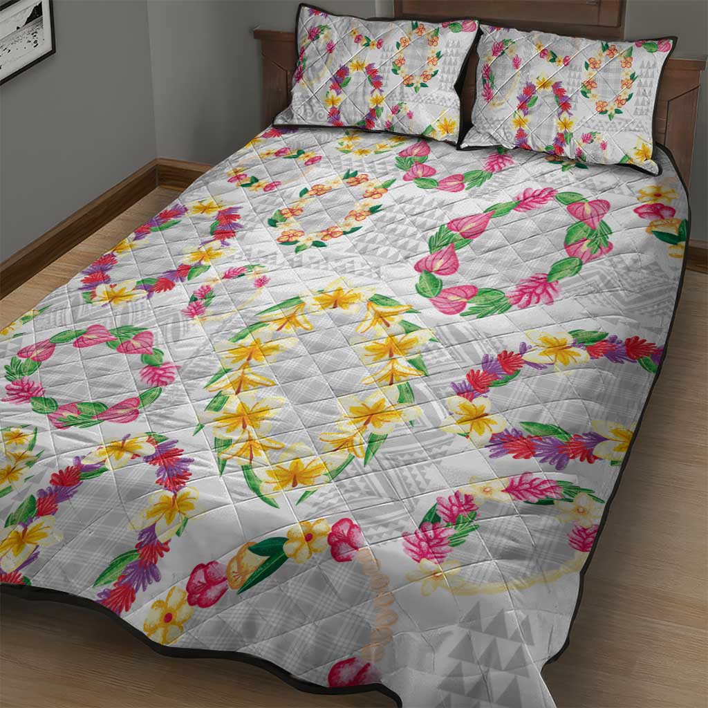 Hawaiian Kakau Tattoo Leis and Palaka Pattern Quilt Bed Set Traditional Aloha Tribal White Color