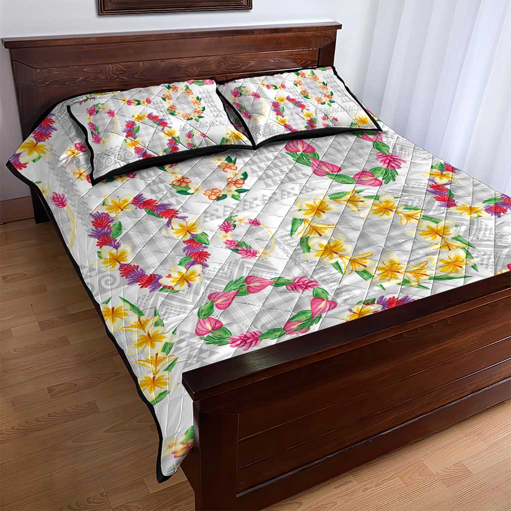 Hawaiian Kakau Tattoo Leis and Palaka Pattern Quilt Bed Set Traditional Aloha Tribal White Color