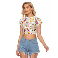 Hawaiian Kakau Tattoo Leis and Palaka Pattern Raglan Cropped T Shirt Traditional Aloha Tribal White Color