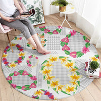 Hawaiian Kakau Tattoo Leis and Palaka Pattern Round Carpet Traditional Aloha Tribal White Color