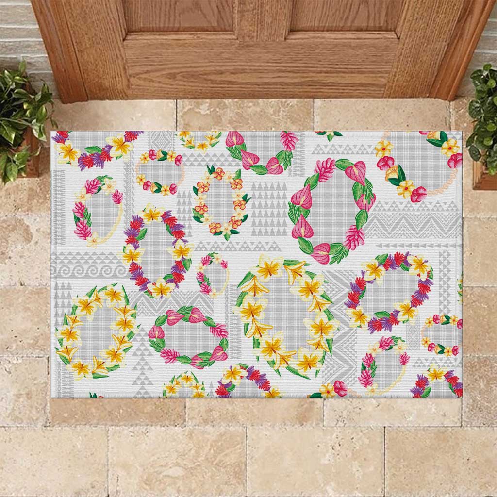 Hawaiian Kakau Tattoo Leis and Palaka Pattern Rubber Doormat Traditional Aloha Tribal White Color