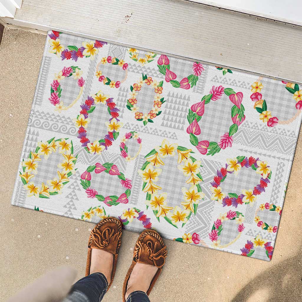 Hawaiian Kakau Tattoo Leis and Palaka Pattern Rubber Doormat Traditional Aloha Tribal White Color