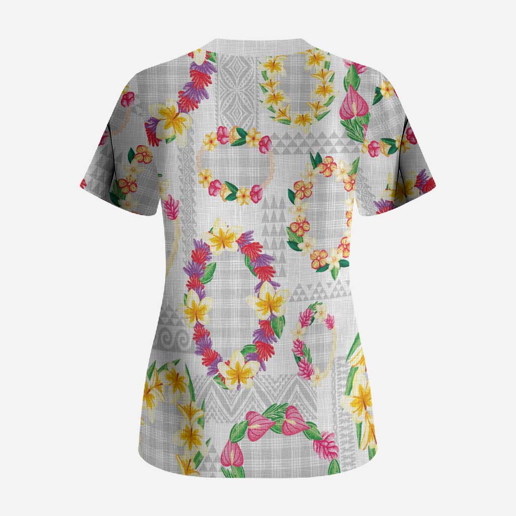 Hawaiian Kakau Tattoo Leis and Palaka Pattern Scrub Top Traditional Aloha Tribal White Color