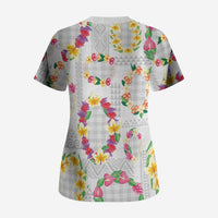 Hawaiian Kakau Tattoo Leis and Palaka Pattern Scrub Top Traditional Aloha Tribal White Color