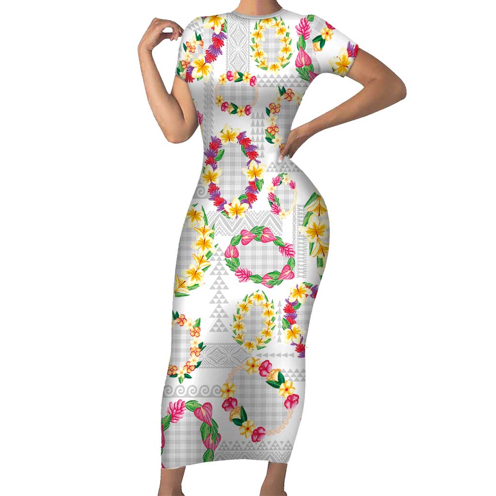 Hawaiian Kakau Tattoo Leis and Palaka Pattern Short Sleeve Bodycon Dress Traditional Aloha Tribal White Color
