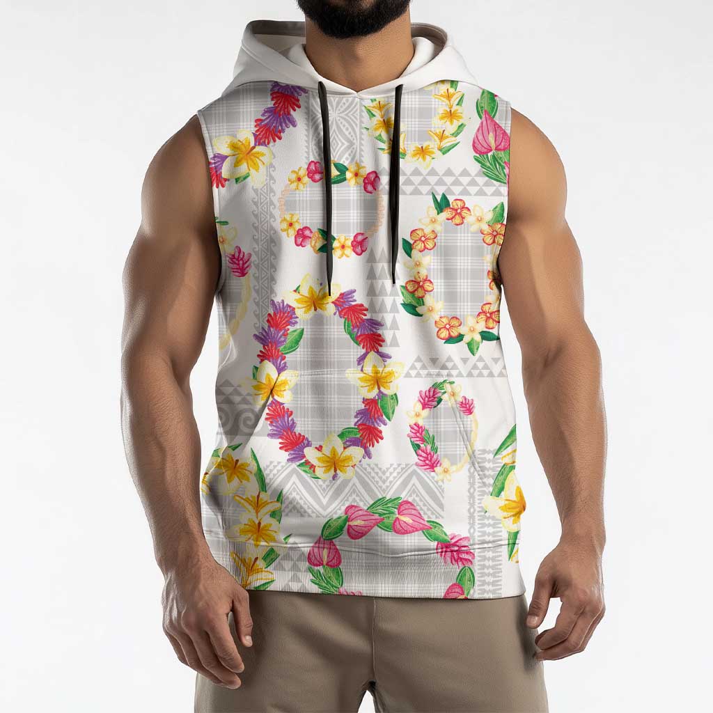Hawaiian Kakau Tattoo Leis and Palaka Pattern Sleeveless Hoodie Traditional Aloha Tribal White Color