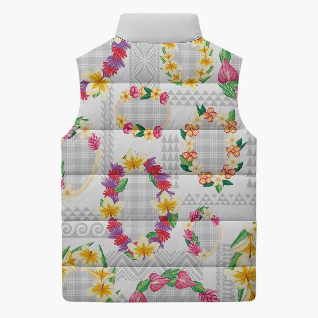 Hawaiian Kakau Tattoo Leis and Palaka Pattern Sleeveless Puffer Jacket Traditional Aloha Tribal White Color