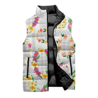 Hawaiian Kakau Tattoo Leis and Palaka Pattern Sleeveless Puffer Jacket Traditional Aloha Tribal White Color