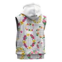 Hawaiian Kakau Tattoo Leis and Palaka Pattern Sleeveless Zip Hoodie Traditional Aloha Tribal White Color