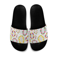 Hawaiian Kakau Tattoo Leis and Palaka Pattern Slide Sandals Traditional Aloha Tribal White Color