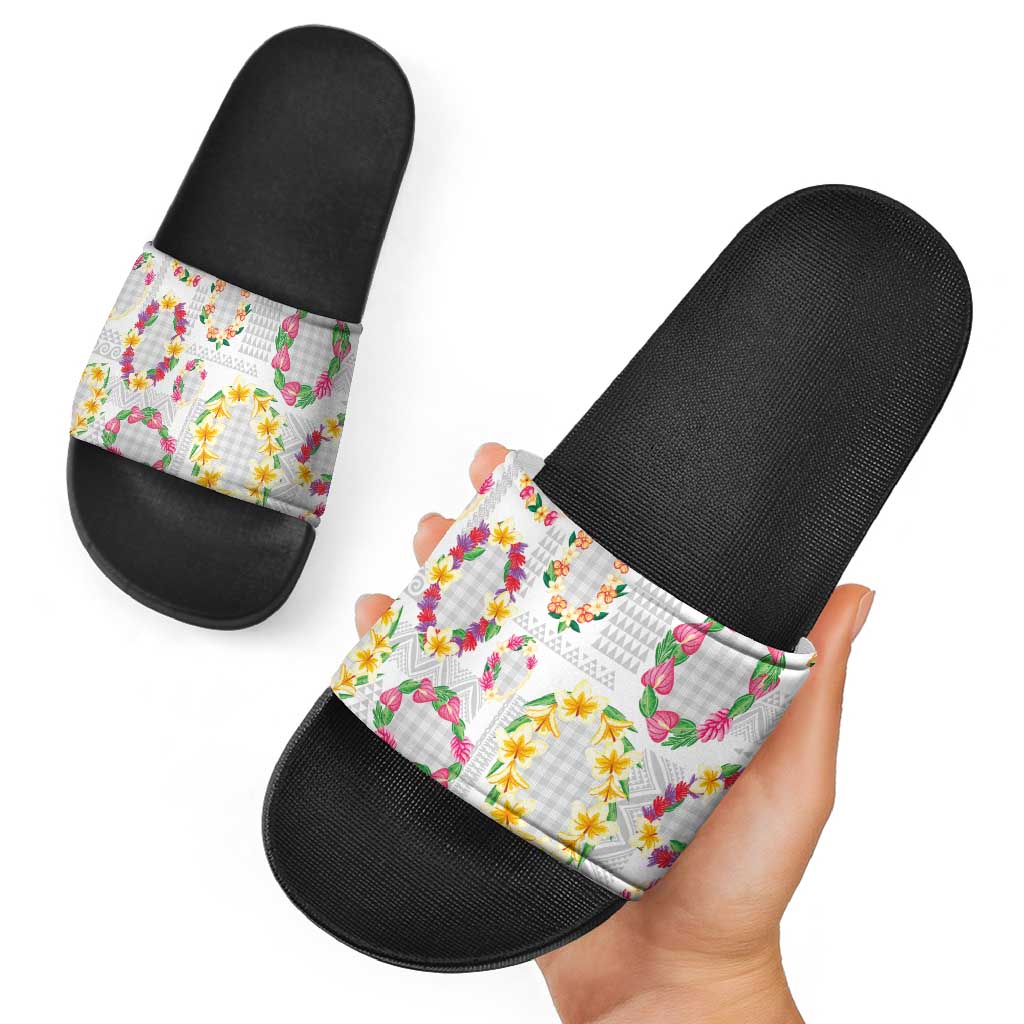 Hawaiian Kakau Tattoo Leis and Palaka Pattern Slide Sandals Traditional Aloha Tribal White Color