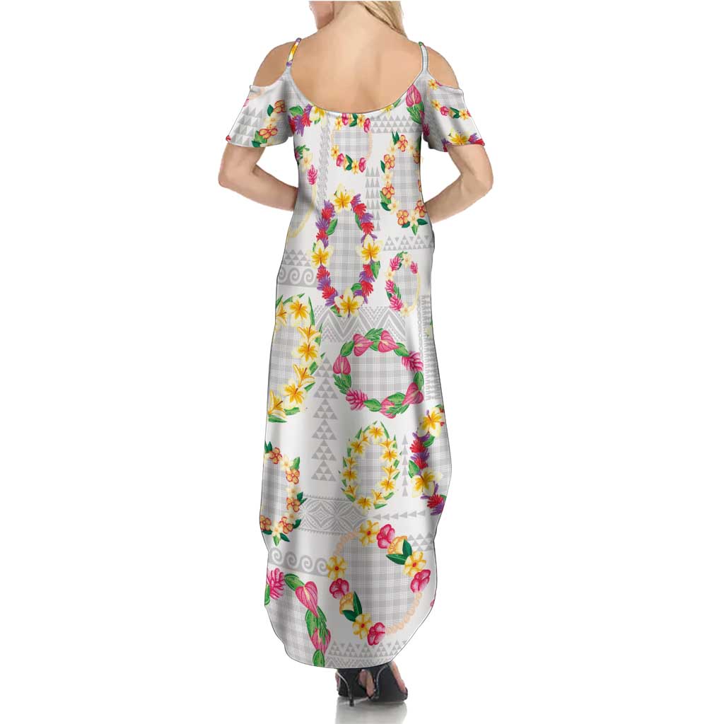 Hawaiian Kakau Tattoo Leis and Palaka Pattern Summer Maxi Dress Traditional Aloha Tribal White Color